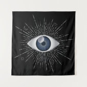 Mystic Silver & Blue Evil Eye Nazar Mati auf Black Wandteppich (Vorderseite)