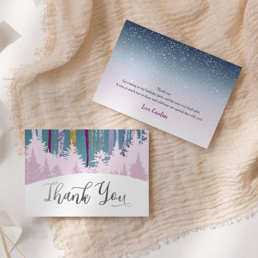 Mystic Snow Wood Winter Trees Lila Blue Silver Dankeskarte