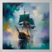 Mystic Tall Ship in Fog – Dreamlike Nautical Paint Poster (Vorne)
