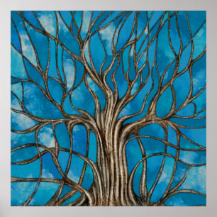 Mystic Tree of Life Mosaic Blue Watercolor Poster