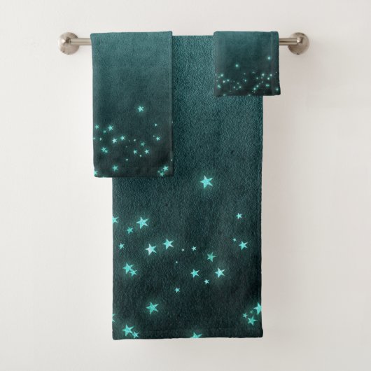Mystic Twilight Stars | Tief Aquamarin grünes Neon Badhandtuch Set (Insitu)