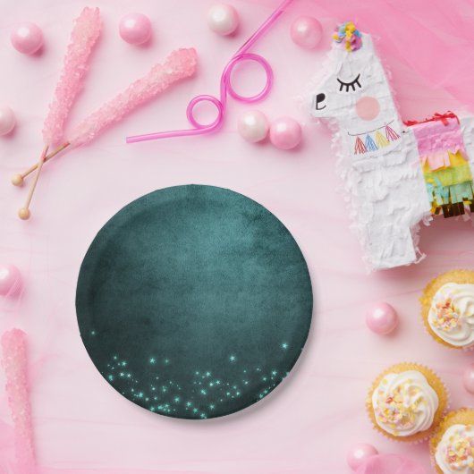 Mystic Twilight Stars | Tief Aquamarin grünes Neon Pappteller (Party)