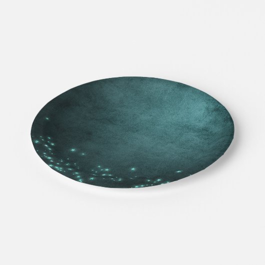 Mystic Twilight Stars | Tief Aquamarin grünes Neon Pappteller (Schrägansicht)