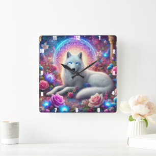 Mystic White Wolf Quadratische Wanduhr