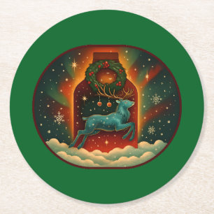 Mystic Winter Stag-Green BG Runder Pappuntersetzer