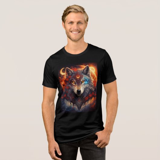 Mystic Wolf with Crescent Moons and Red Blossoms Tri-Blend Shirt (Vorderseite voll)