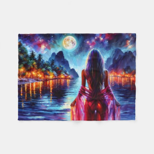 Mystic woman under full moon reflections art fleecedecke (Vorderseite (Horizontal))