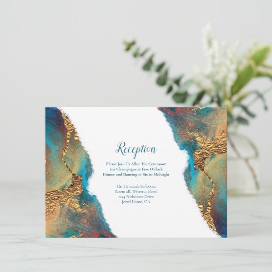 Mystical Abstrakt Aquamarin Coral Gold Empfang Begleitkarte (Stehend Vorderseite)