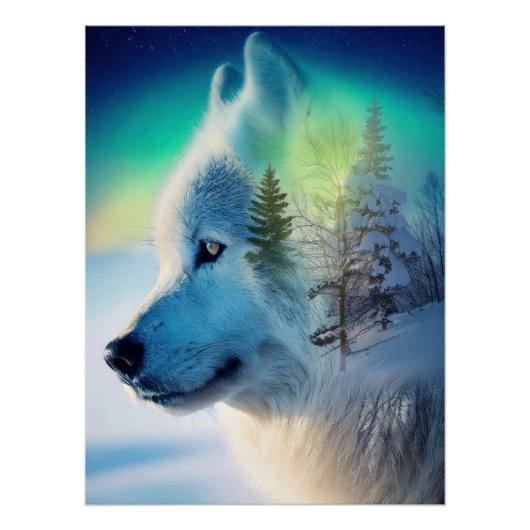 Mystical Arctic Wolf & Aurora Borealis Double Expo Poster (Vorderseite)