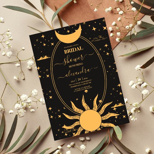 Mystical Black and Gold Sun Moon Bridal Einladung
