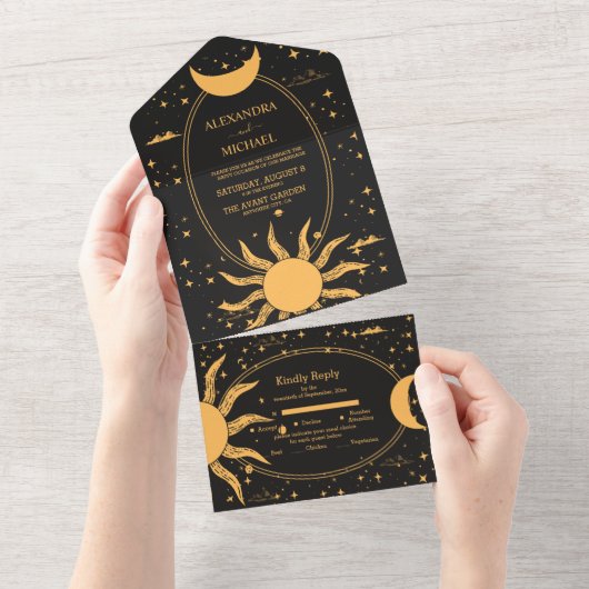 Mystical Black and Gold Sun Moon Wedding All In One Einladung (Abreißen)