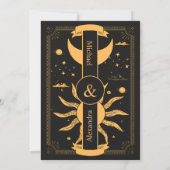 Mystical Black and Gold Sun Moon Wedding Einladung (Rückseite)