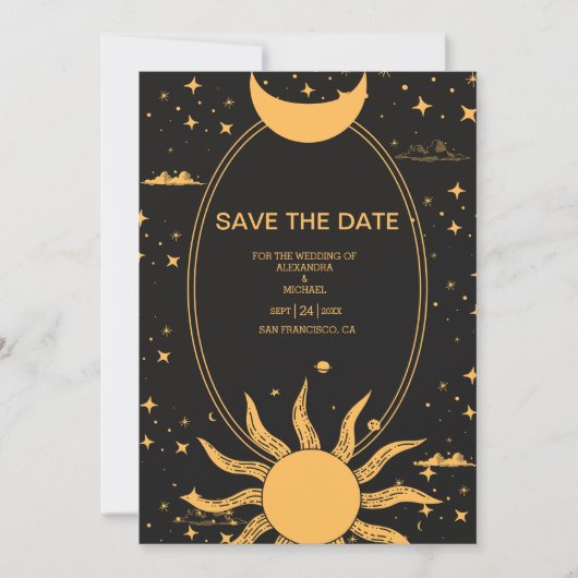 Mystical Black and Gold Sun Moon Wedding Save The Date (Vorderseite)