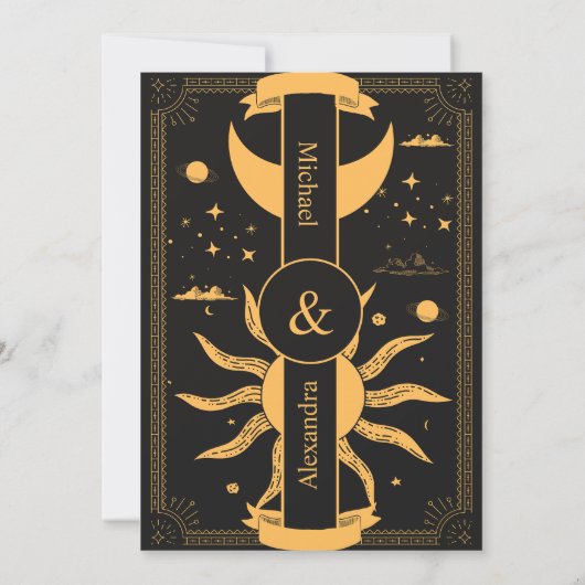 Mystical Black and Gold Sun Moon Wedding Save The Date (Rückseite)