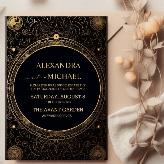 Mystical Black and Gold Tarot Wedding Einladung