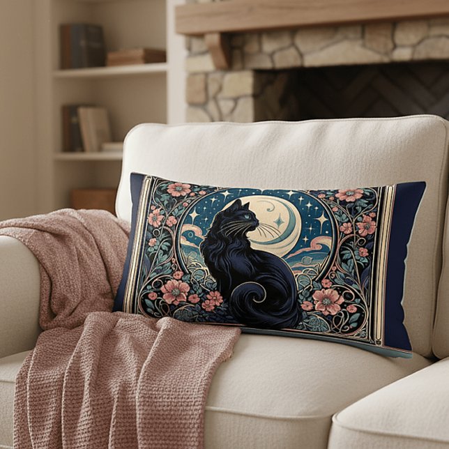 Mystical Black Cat Art Nouveau Lendenkissen (Mystical Black Cat Art Nouveau Lumbar Pillow)