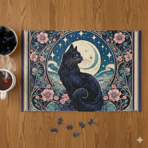 Mystical Black Cat Art Nouveau Puzzle