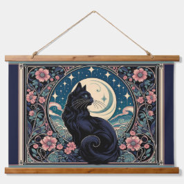Mystical Black Cat Art Nouveau Wandteppich Mit Holzrahmen