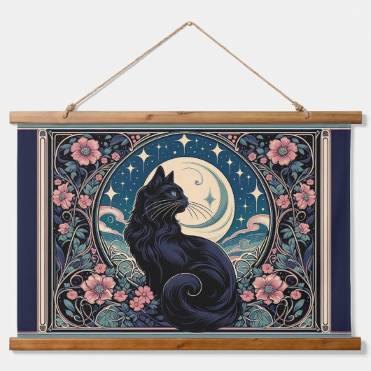 Mystical Black Cat Art Nouveau Wandteppich Mit Holzrahmen (Vorne)