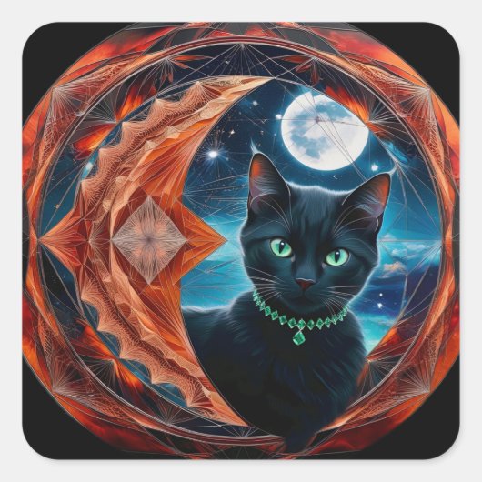 Mystical Black Cat Celestial Mandala Quadratischer Aufkleber (Vorderseite)
