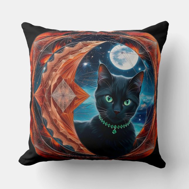 Mystical Black Cat Celestial Mandala Throw Kissen (Vorderseite)