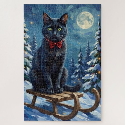 Mystical Black Cat Enchanted Winter Sled Christmas Puzzle (Vertikal)