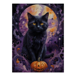 Mystical Black Cat Halloween Pumpkins Moonlight Poster