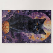 Mystical Black Cat Halloween Pumpkins Moonlight Puzzle (Horizontal)