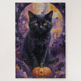 Mystical Black Cat Halloween Pumpkins Moonlight Puzzle