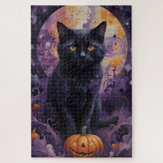 Mystical Black Cat Halloween Pumpkins Moonlight Puzzle (Vertikal)
