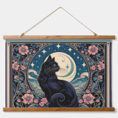 Mystical Black Cat mit Moon & Florals Wandteppich Mit Holzrahmen (Vorderseite)