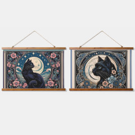 Mystical Black Cat mit Moon & Florals Wandteppich Mit Holzrahmen