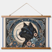 Mystical Black Cat mit Moon & Florals Wandteppich Mit Holzrahmen (Vorderseite 2)