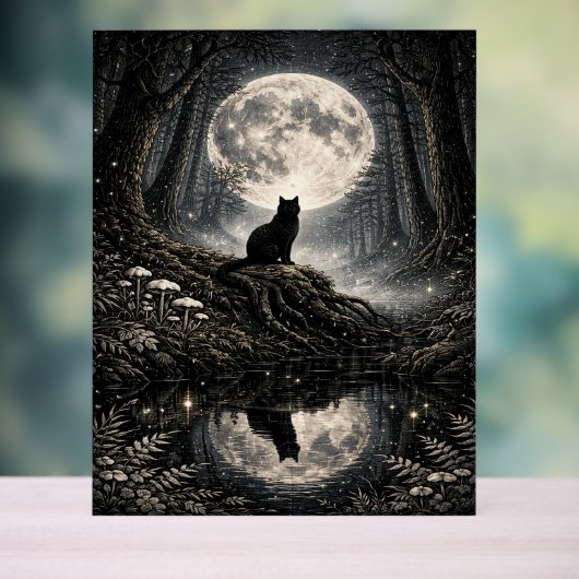 Mystical Black Cat Under Full Moon Forest  Acrylschild (Neutral)
