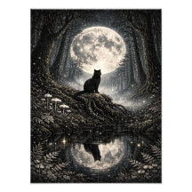 Mystical Black Cat Under Full Moon Forest Poster