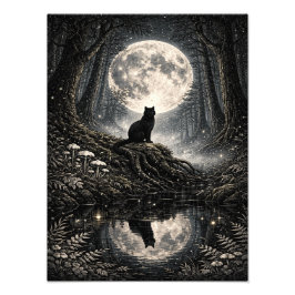 Mystical Black Cat Under Full Moon Forest Poster