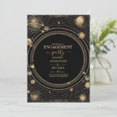 Mystical Black Gold Celestial Engagement Party Einladung (Stehend Vorderseite)