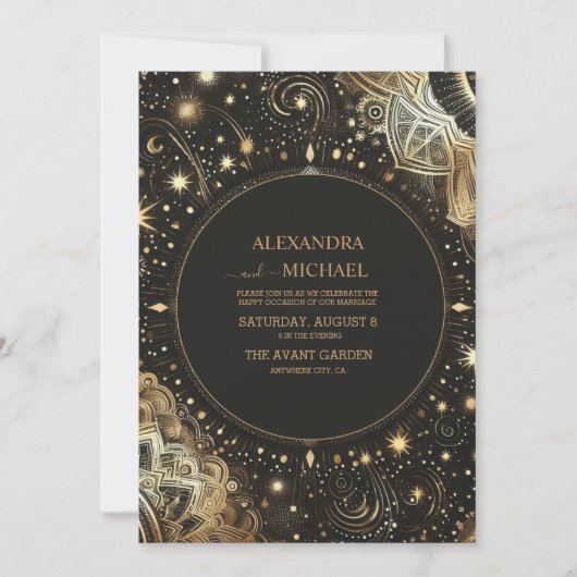 Mystical Black Gold Celestial Galaxy Wedding Einladung (Vorderseite)