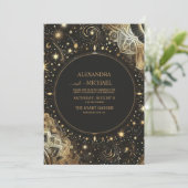 Mystical Black Gold Celestial Galaxy Wedding Einladung (Stehend Vorderseite)