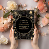 Mystical Black Gold Celestial Galaxy Wedding Einladung