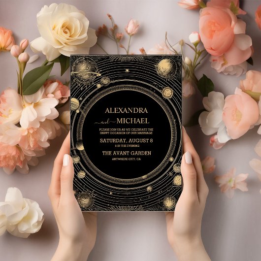 Mystical Black Gold Celestial Galaxy Wedding Einladung