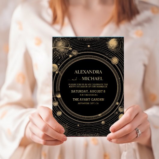 Mystical Black Gold Celestial Galaxy Wedding Folieneinladung