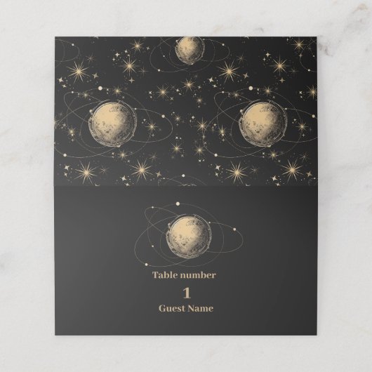 Mystical Black Gold Celestial Galaxy Wedding Platzkarte (Außenseite Aufgefaltet)