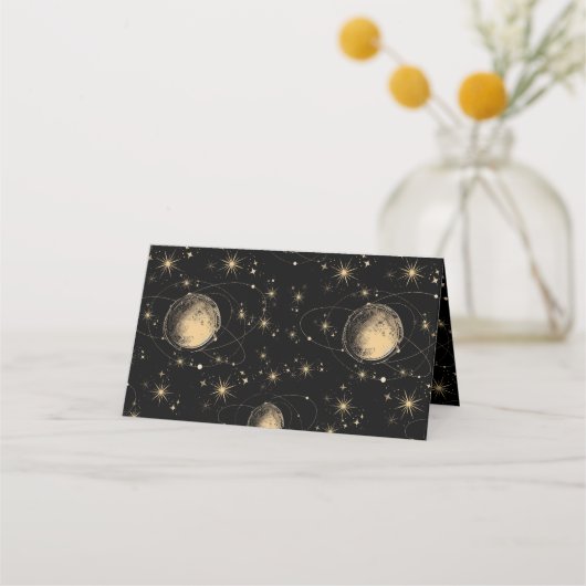 Mystical Black Gold Celestial Galaxy Wedding Platzkarte (Rückseite)