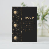 Mystical Black Gold Celestial Galaxy Wedding RSVP Karte (Stehend Vorderseite)