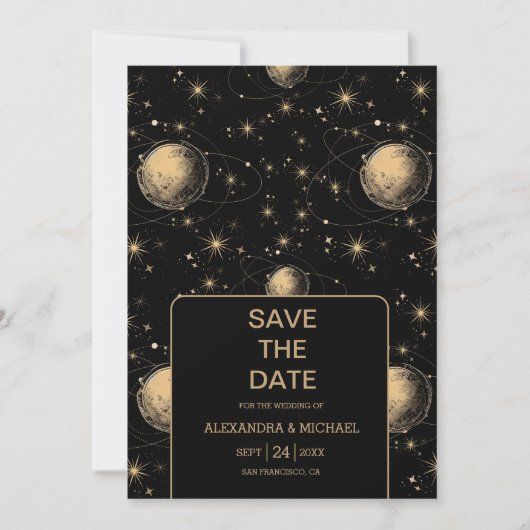 Mystical Black Gold Celestial Galaxy Wedding Save The Date (Vorderseite)