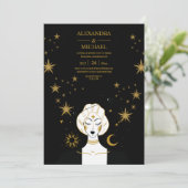 Mystical Black Gold Celestial Moon Wedding Einladung (Stehend Vorderseite)