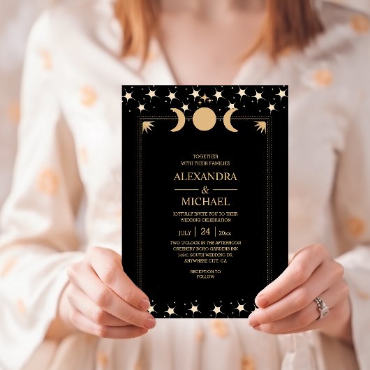 Mystical Black Gold Celestial Stars Wedding Invit Einladung