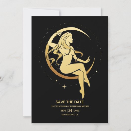 Mystical Black Gold Celestial Stars Wedding Rett Save The Date (Vorderseite)