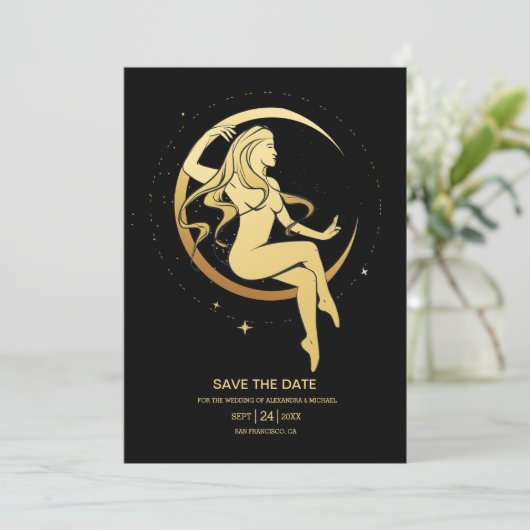 Mystical Black Gold Celestial Stars Wedding Rett Save The Date (Stehend Vorderseite)